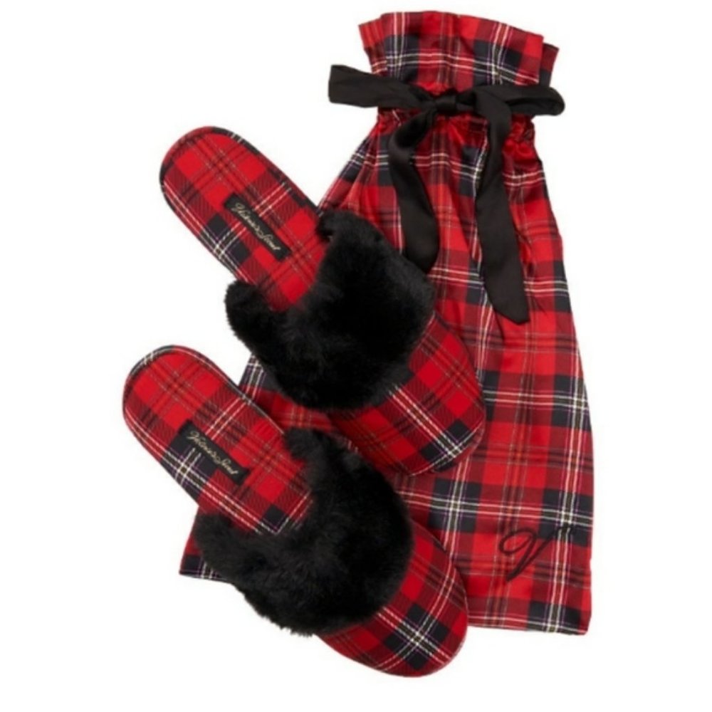 Victoria's Secret Red Plaid Satin Slippers w/Bag